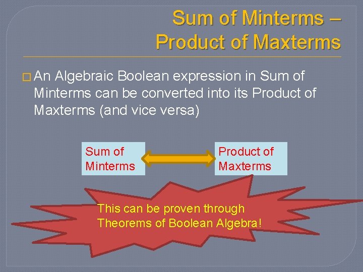 Sum of Minterms – Product of Maxterms � An Algebraic Boolean expression in Sum Sum of Minterms – Product of Maxterms � An Algebraic Boolean expression in Sum