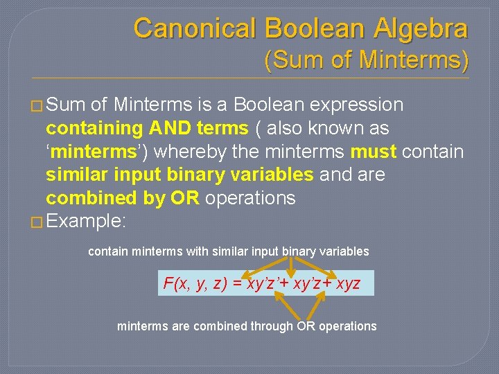 Canonical Boolean Algebra (Sum of Minterms) � Sum of Minterms is a Boolean expression Canonical Boolean Algebra (Sum of Minterms) � Sum of Minterms is a Boolean expression