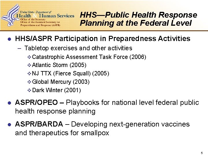 HHS—Public Health Response Planning at the Federal Level l HHS/ASPR Participation in Preparedness Activities