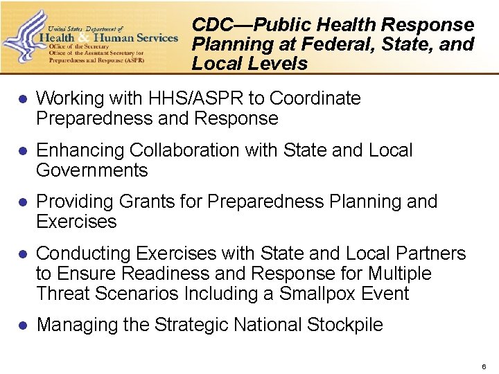 CDC—Public Health Response Planning at Federal, State, and Local Levels l Working with HHS/ASPR