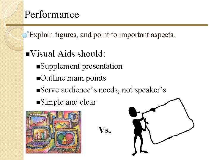 Performance Explain figures, and point to important aspects. Visual Aids should: Supplement presentation Outline Performance Explain figures, and point to important aspects. Visual Aids should: Supplement presentation Outline