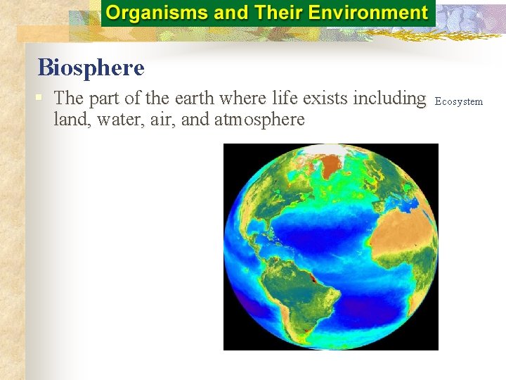 Biosphere § The part of the earth where life exists including land, water, air,