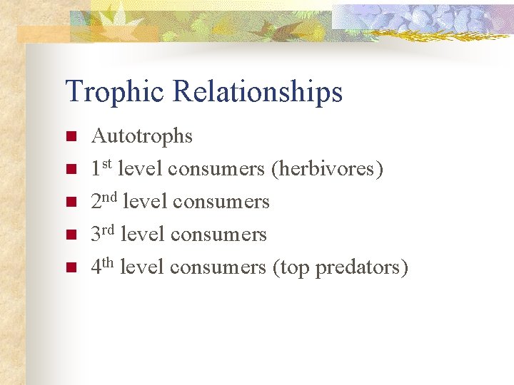 Trophic Relationships n n n Autotrophs 1 st level consumers (herbivores) 2 nd level