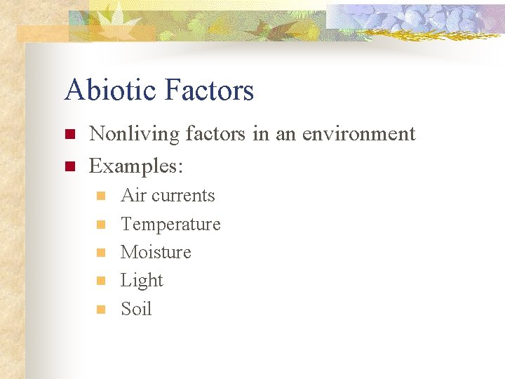 Abiotic Factors n n Nonliving factors in an environment Examples: n n n Air