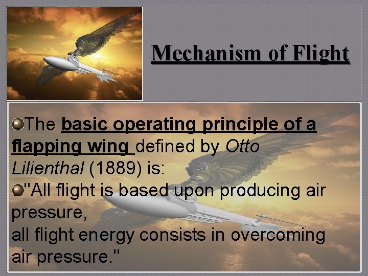 Mechanism of Flight The basic operating principle of a flapping wing defined by Otto