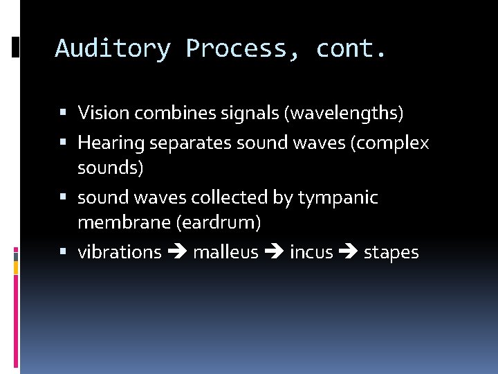 Auditory Process, cont. Vision combines signals (wavelengths) Hearing separates sound waves (complex sounds) sound