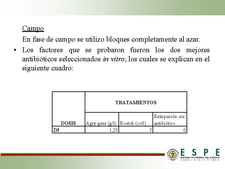 Campo En fase de campo se utilizo bloques completamente al azar. • Los factores