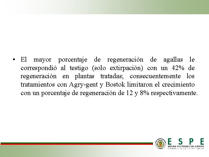  • El mayor porcentaje de regeneración de agallas le correspondió al testigo (solo