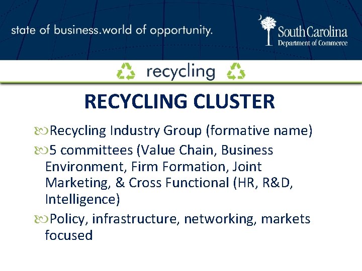 RECYCLING CLUSTER Recycling Industry Group (formative name) 5 committees (Value Chain, Business Environment, Firm