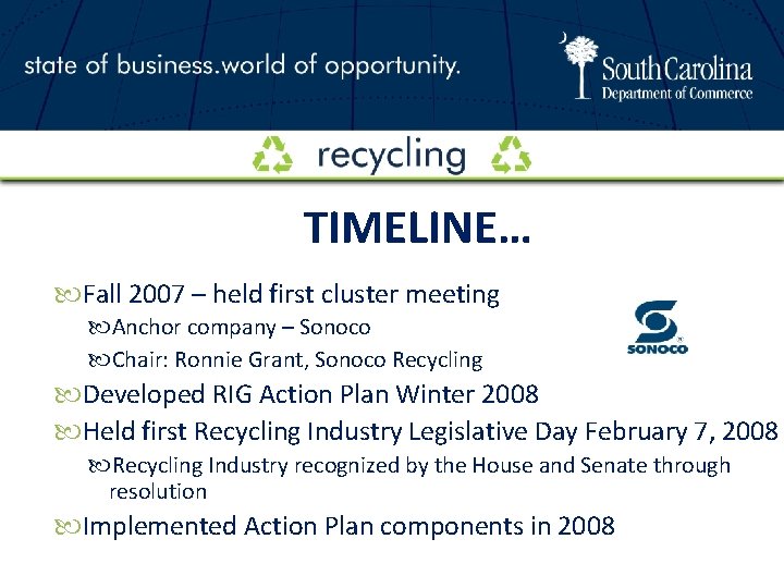 TIMELINE… Fall 2007 – held first cluster meeting Anchor company – Sonoco Chair: Ronnie