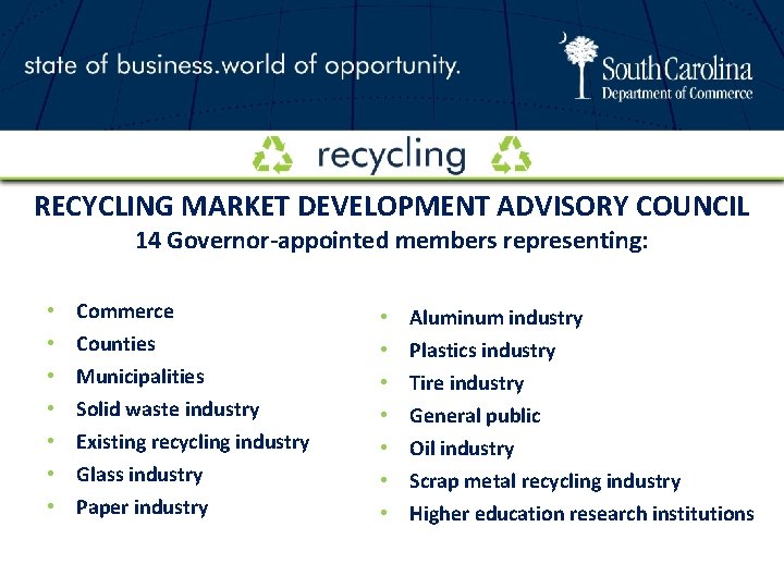 RECYCLING MARKET DEVELOPMENT ADVISORY COUNCIL 14 Governor-appointed members representing: • • Commerce Counties Municipalities