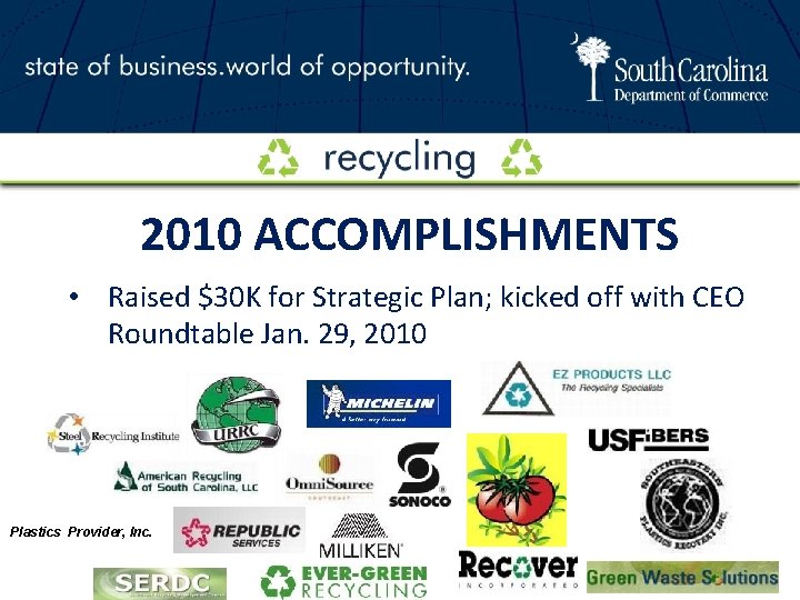 2010 ACCOMPLISHMENTS • Raised $30 K for Strategic Plan; kicked off with CEO Roundtable