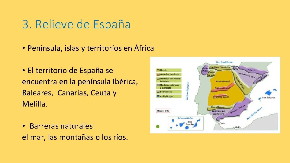3. Relieve de España • Península, islas y territorios en África • El territorio