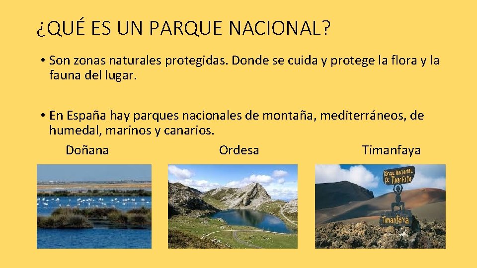 ¿QUÉ ES UN PARQUE NACIONAL? • Son zonas naturales protegidas. Donde se cuida y