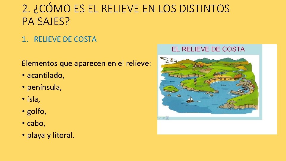 2. ¿CÓMO ES EL RELIEVE EN LOS DISTINTOS PAISAJES? 1. RELIEVE DE COSTA Elementos