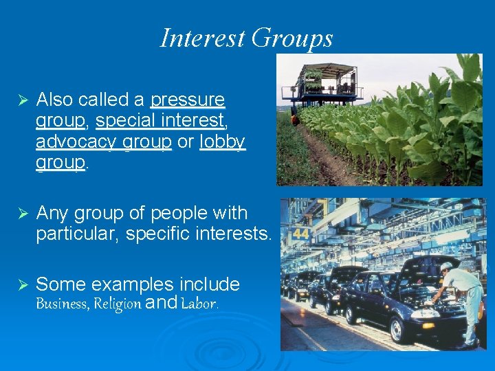 Interest Groups Ø Also called a pressure group, special interest, advocacy group or lobby