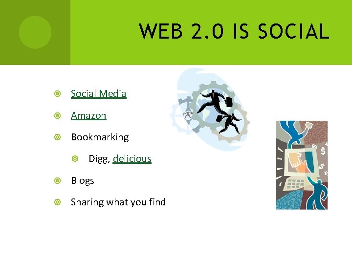 WEB 2. 0 IS SOCIAL Social Media Amazon Bookmarking Digg, delicious Blogs Sharing what