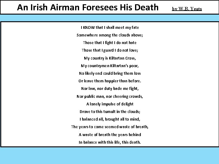 An Irish Airman Foresees His Death I KNOW that I shall meet my fate