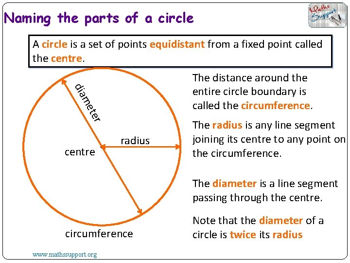 Naming the parts of a circle A circle is a set of points equidistant
