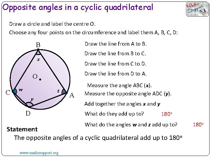 Opposite angles in a cyclic quadrilateral Draw a circle and label the centre O.