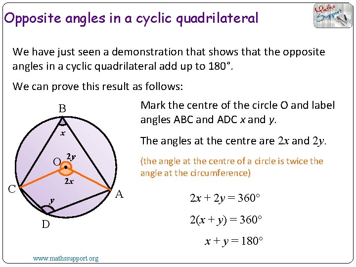 Opposite angles in a cyclic quadrilateral We have just seen a demonstration that shows