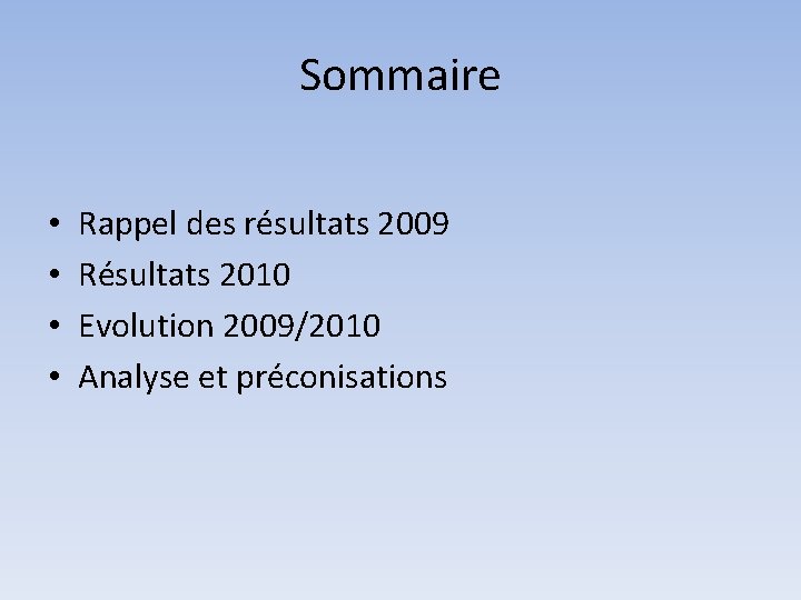 Sommaire • • Rappel des résultats 2009 Résultats 2010 Evolution 2009/2010 Analyse et préconisations