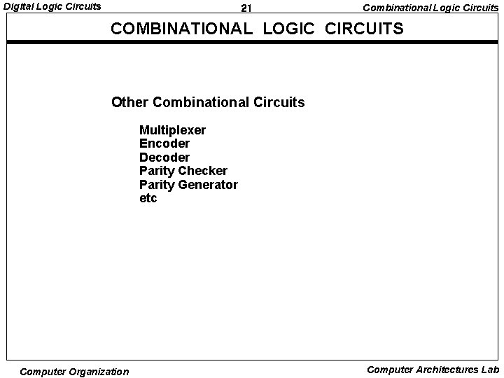 Digital Logic Circuits 21 Combinational Logic Circuits COMBINATIONAL LOGIC CIRCUITS Other Combinational Circuits Multiplexer