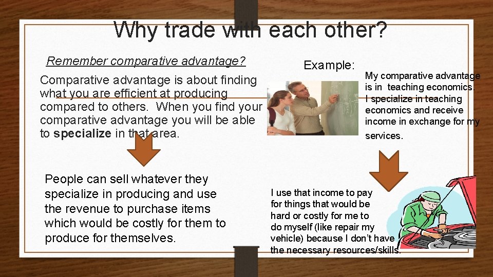Why trade with each other? Remember comparative advantage? Comparative advantage is about finding what