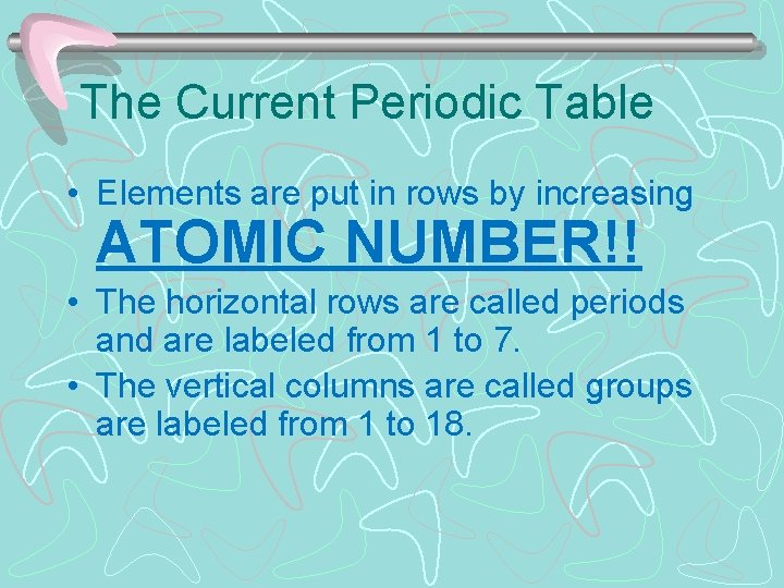 The Current Periodic Table • Elements are put in rows by increasing ATOMIC NUMBER!!