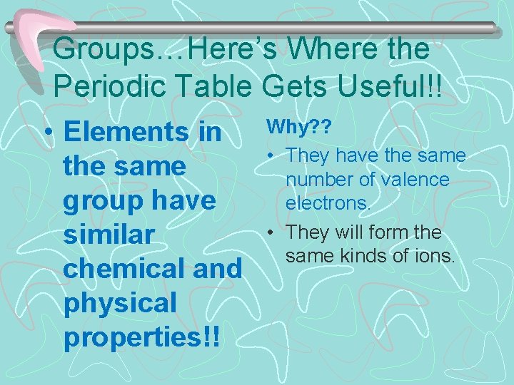 Groups…Here’s Where the Periodic Table Gets Useful!! • Elements in the same group have