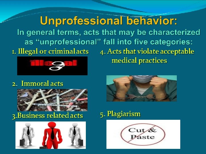 1. Illegal or criminal acts 4. Acts that violate acceptable medical practices 2. Immoral