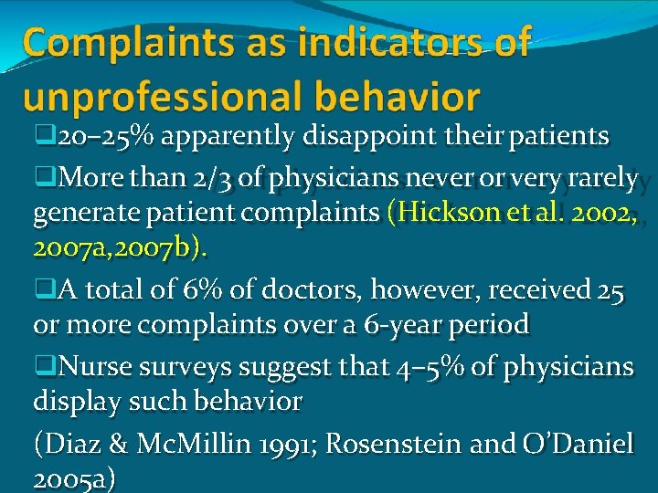  20– 25% apparently disappoint their patients More than 2/3 of physicians never or