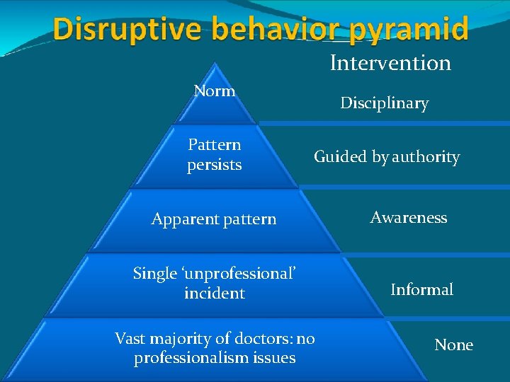Intervention Norm Pattern persists Disciplinary Guided by authority Apparent pattern Single ‘unprofessional’ incident Vast