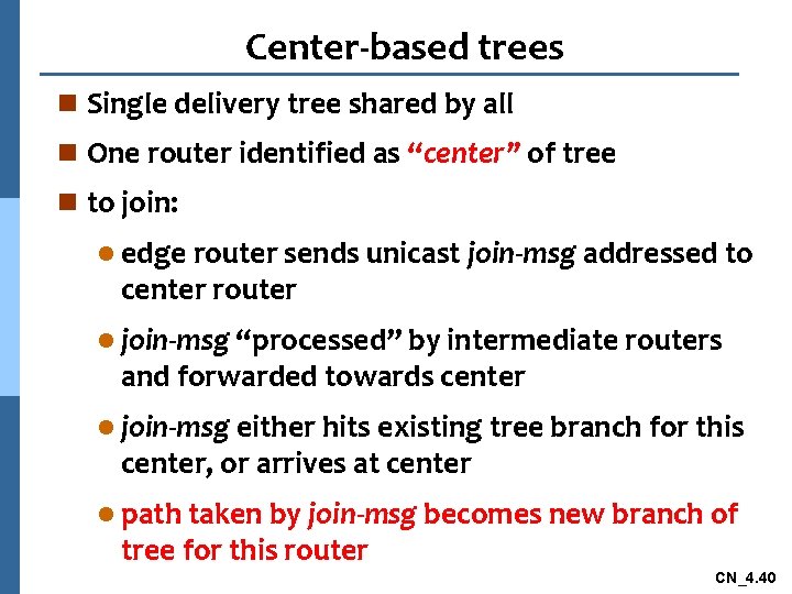 Center-based trees n Single delivery tree shared by all n One router identified as