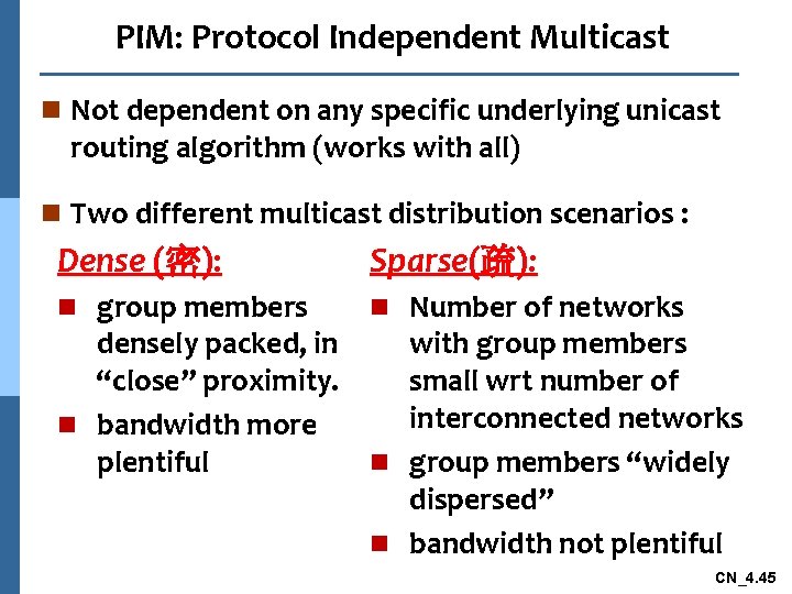 PIM: Protocol Independent Multicast n Not dependent on any specific underlying unicast routing algorithm