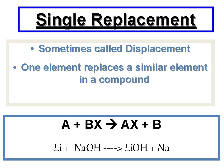 Single Replacement • Sometimes called Displacement • One element replaces a similar element in