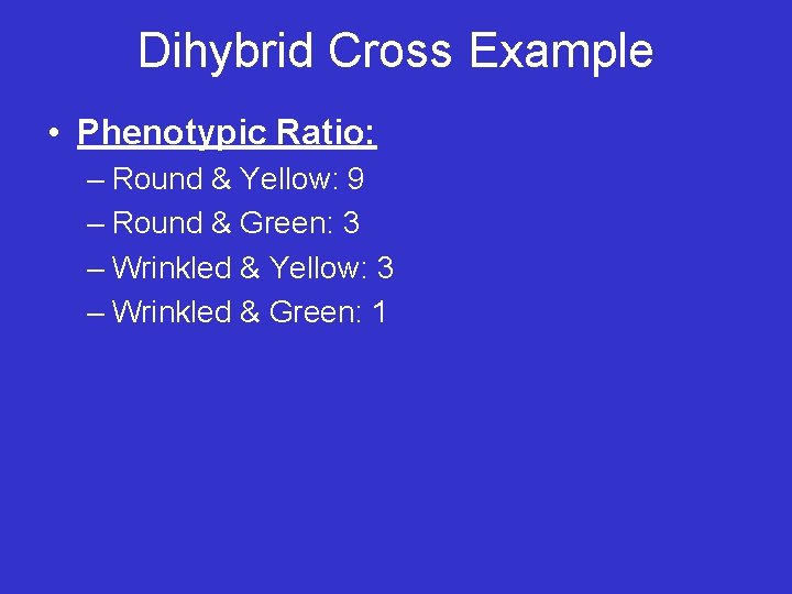 Dihybrid Cross Example • Phenotypic Ratio: – Round & Yellow: 9 – Round &