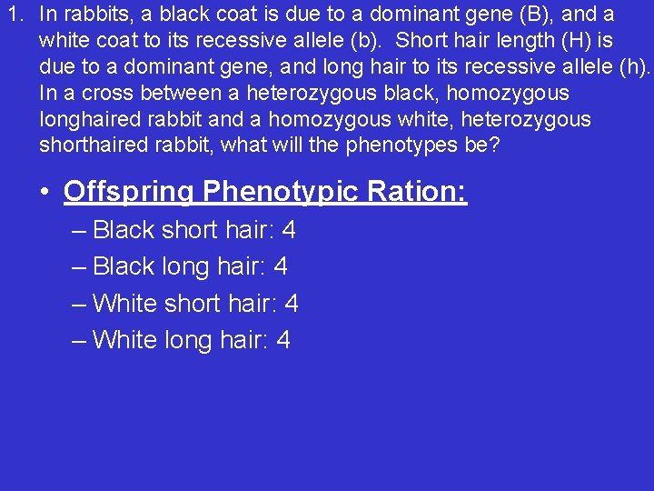 1. In rabbits, a black coat is due to a dominant gene (B), and