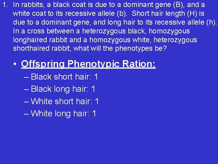 1. In rabbits, a black coat is due to a dominant gene (B), and