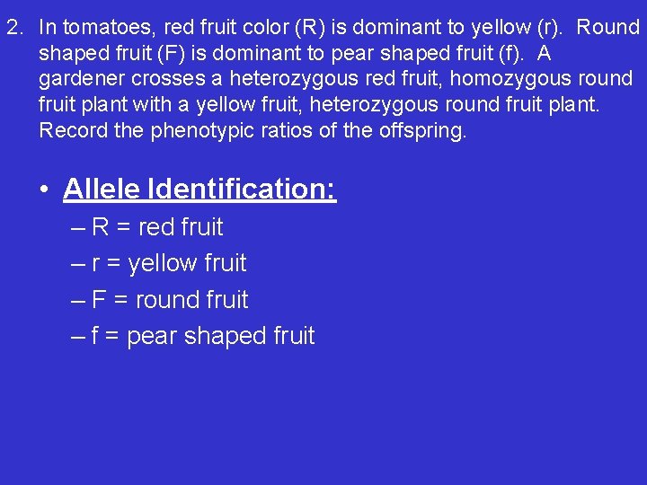 2. In tomatoes, red fruit color (R) is dominant to yellow (r). Round shaped