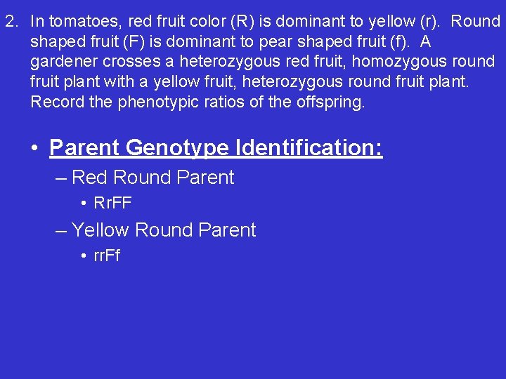 2. In tomatoes, red fruit color (R) is dominant to yellow (r). Round shaped