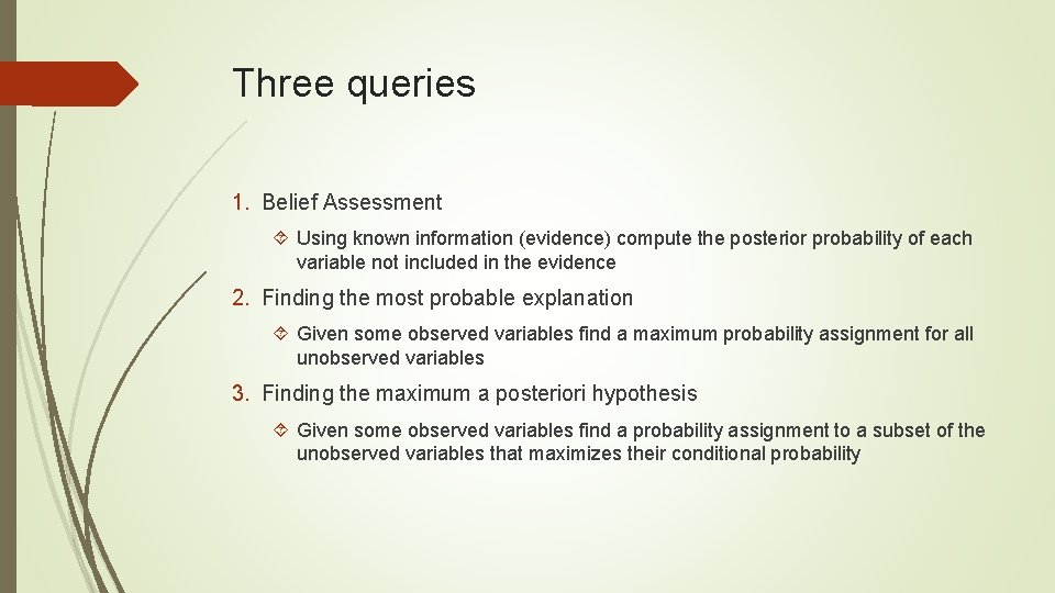 Three queries 1. Belief Assessment Using known information (evidence) compute the posterior probability of