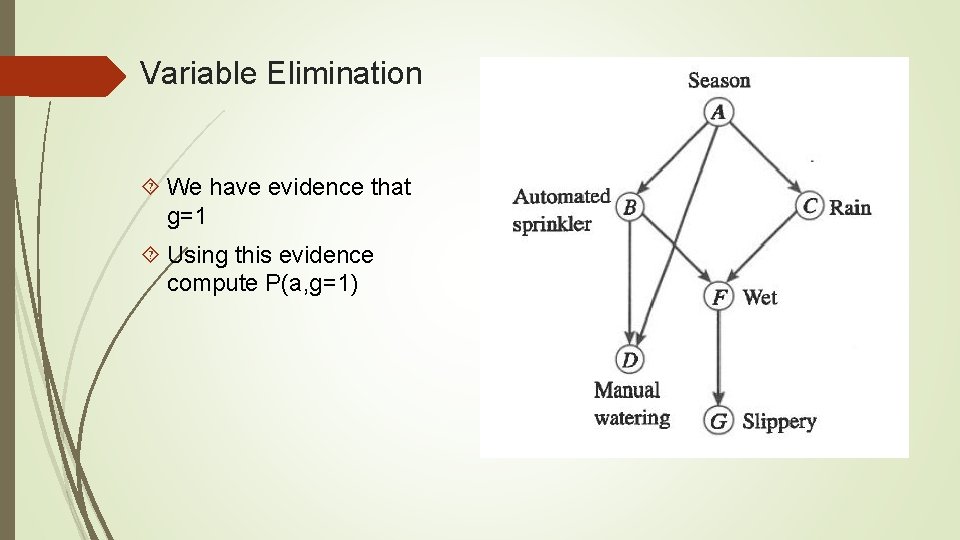 Variable Elimination We have evidence that g=1 Using this evidence compute P(a, g=1) 