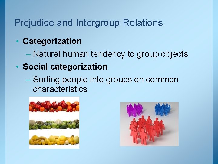 Prejudice and Intergroup Relations • Categorization – Natural human tendency to group objects •