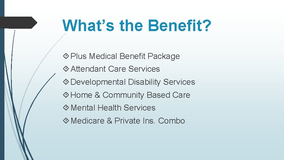 What’s the Benefit? Plus Medical Benefit Package Attendant Care Services Developmental Disability Services Home