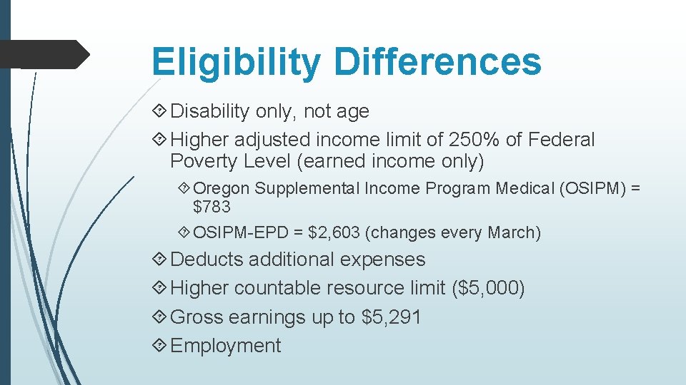 Eligibility Differences Disability only, not age Higher adjusted income limit of 250% of Federal