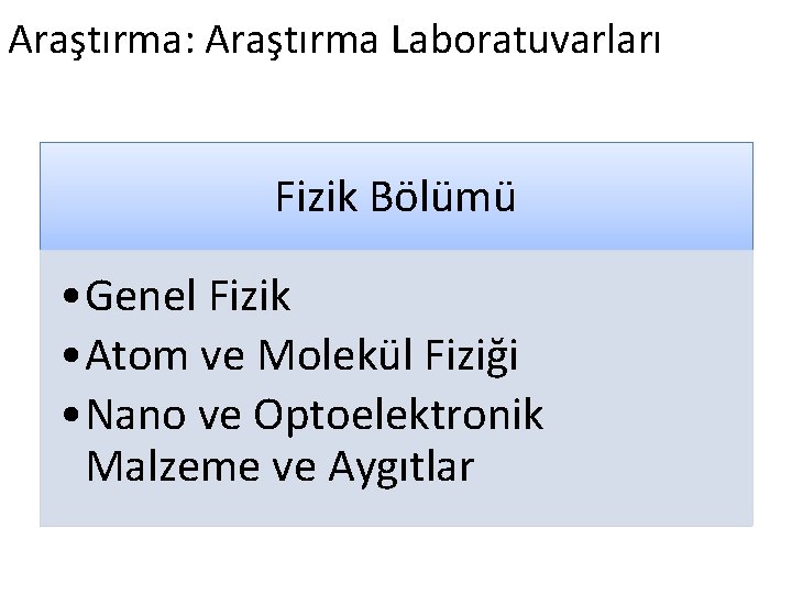 Araştırma: Araştırma Laboratuvarları Fizik Bölümü • Genel Fizik • Atom ve Molekül Fiziği •