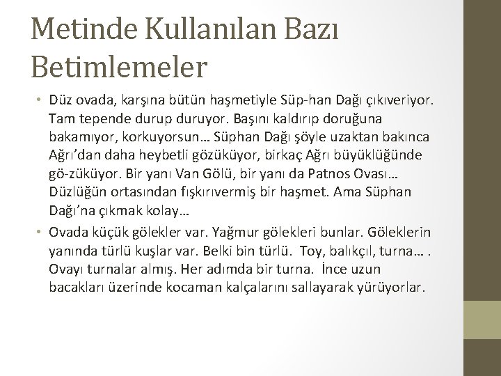Metinde Kullanılan Bazı Betimlemeler • Düz ovada, karşına bütün haşmetiyle Süp han Dağı çıkıveriyor.