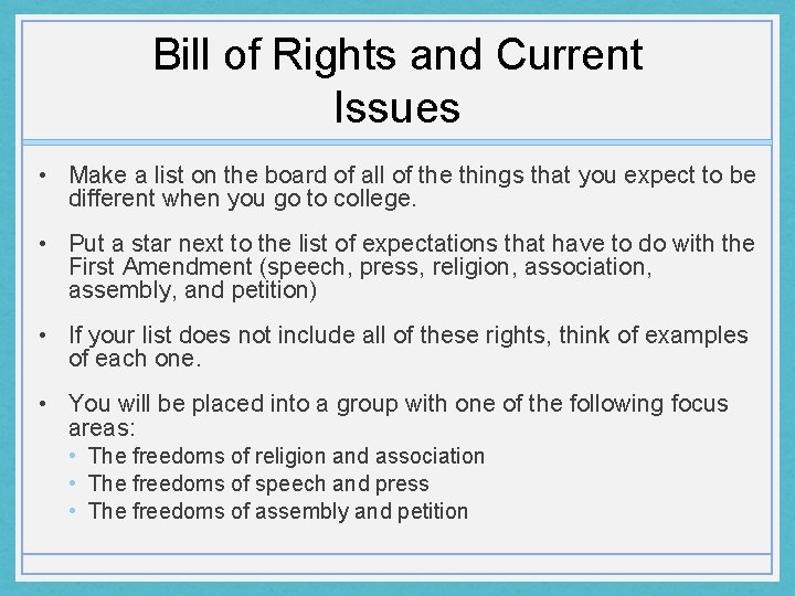 Bill of Rights and Current Issues • Make a list on the board of
