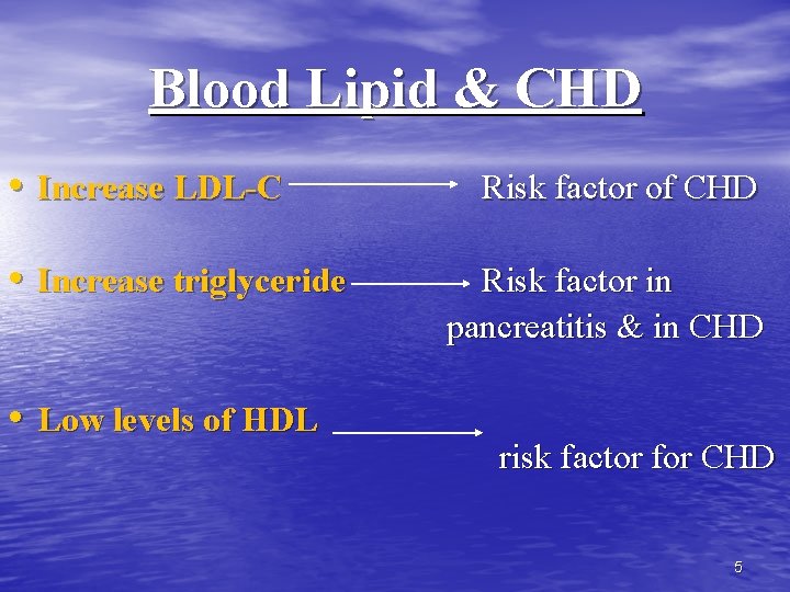 Blood Lipid & CHD • Increase LDL-C • Increase triglyceride • Low levels of Blood Lipid & CHD • Increase LDL-C • Increase triglyceride • Low levels of